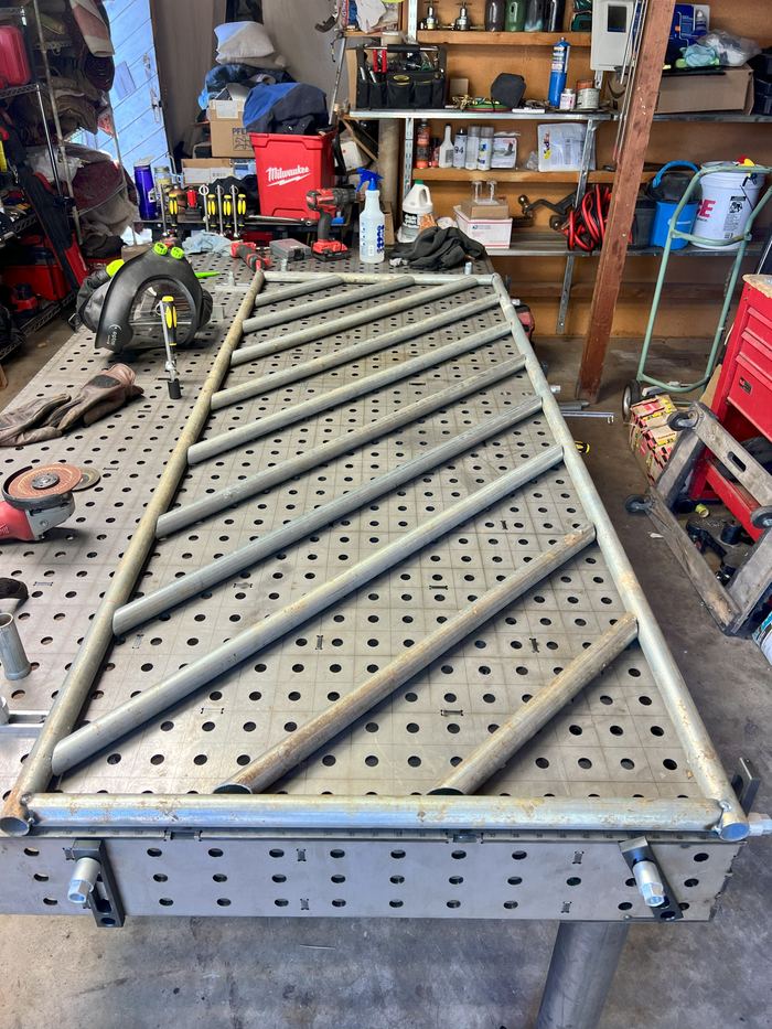 Lumber rack frame laid out on the welding table